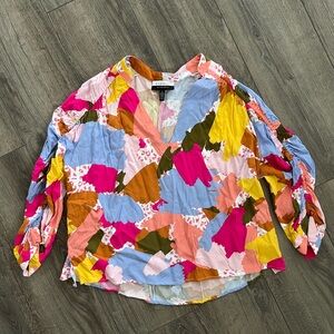 Eloquii Colorblock Abstract V-Neck Blouse - Pink, Blue, Yellow, Olive, Coral 16